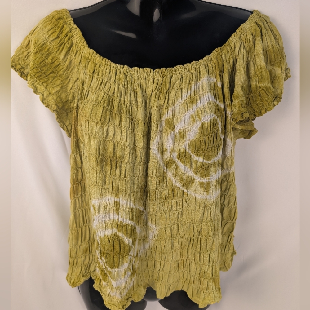 Neelam Green White Tie Dye Smocked Peasant Shirt Plus Size Crop Top